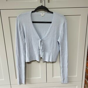 Garage Light Blue Ribbed V-Neck Cardigan with Tie Front